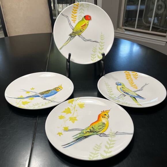 NEW Grace Anthropologie Set 4 Ceramic Parakeet Bird Salad Sandwich Dessert Pl… - Picture 10 of 15